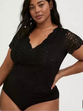 TORRID Black Lace V-Neck Short Sleeve Bodysuit